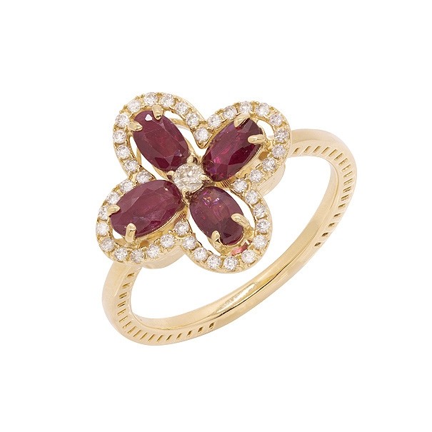 Anel em Ouro 18k Flor com 4 Rubis Ovais 1.17Cts e 41 Diamantes 0.46Cts