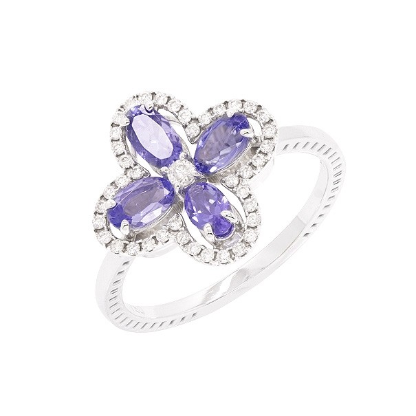 Anel em Ouro Branco 18k Flor com 4 Tanzanitas Ovais 0.89Cts e 41 Diamantes 0.46Cts 