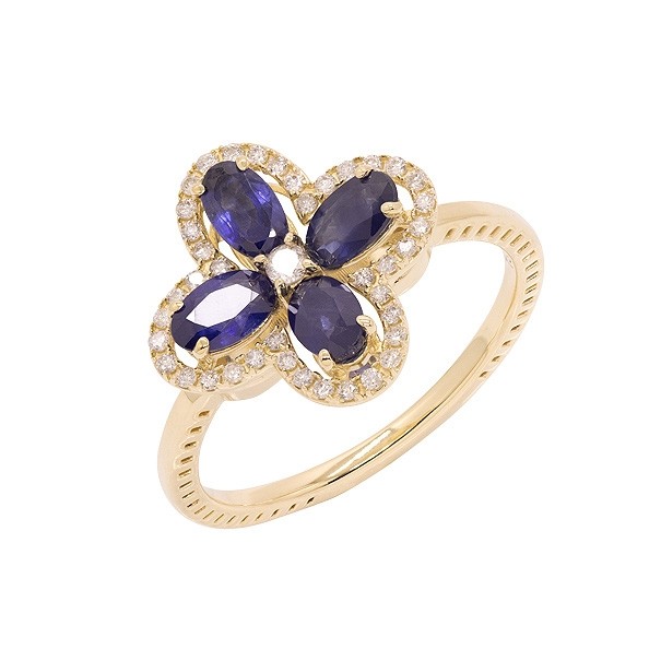 Anel em Ouro 18k Flor com 4 Safiras Ovais 1.25Cts e 41 Diamantes 0.46Cts 