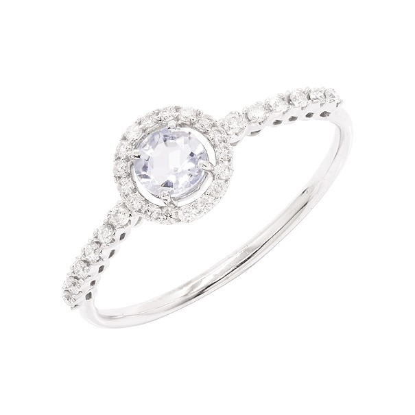 Anel em Ouro Branco 18k Chuveiro Redondo com 1 Agua Marinha 4mm 0.20Cts e 30 Diamantes 0.16Cts