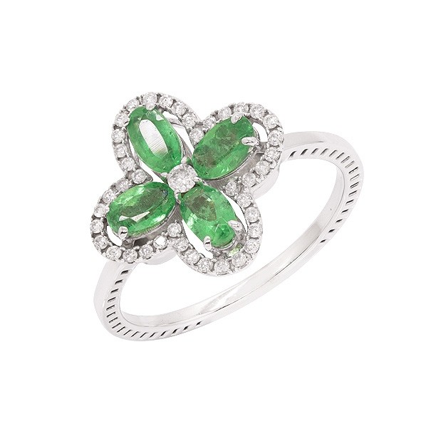 Anel em Ouro Branco 18k Flor com 4 Esmeraldas Ovais 0.90Cts e 41 Diamantes 0.21Cts