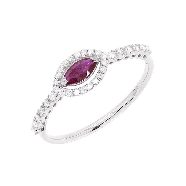 Anel em Ouro Branco 18k Chuveiro Navete com 1 Rubi 0.24Cts e 32 Diamantes 0.16Cts