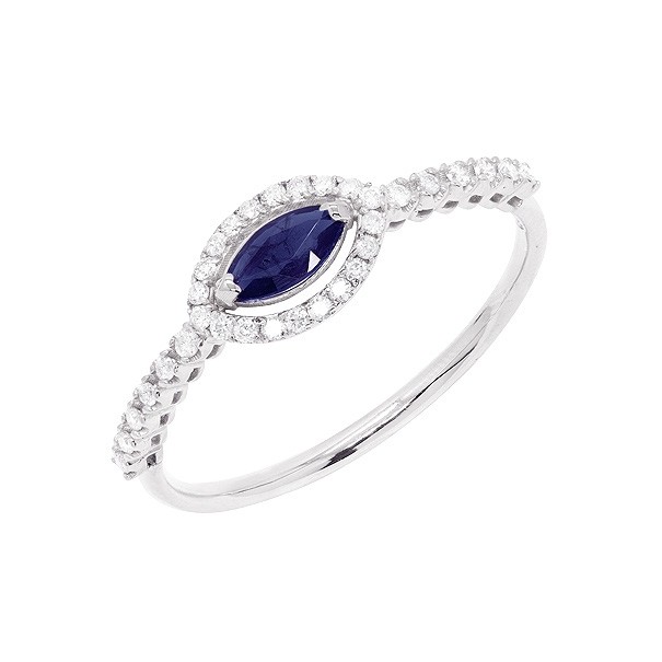 Anel em Ouro Branco 18k Chuveiro com 1 Safira Navete 0.30Cts e 30 Diamantes 0.16Cts 
