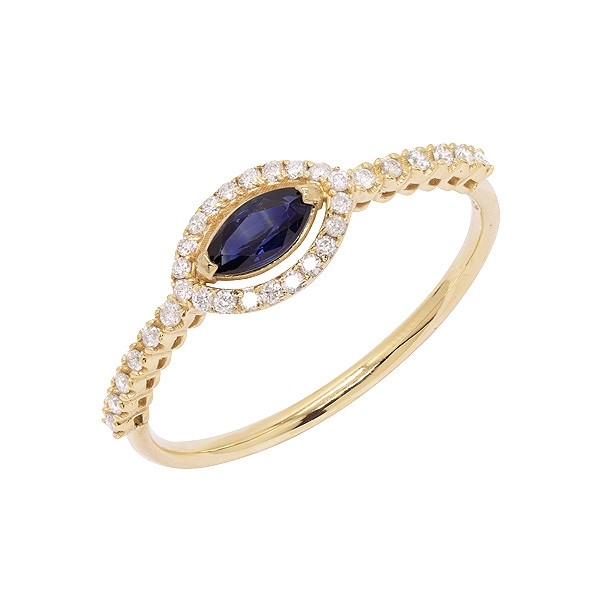 Anel em Ouro 18k Chuveiro Navete com 1 Safira 0.30Cts e 32 Diamantes 0.16Cts