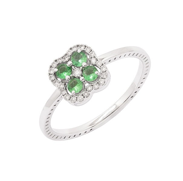 Anel em Ouro Branco 18k Flor com 4 Esmeralda 2.5mm de 0.22Cts e 25 Diamantes de 0.11Cts