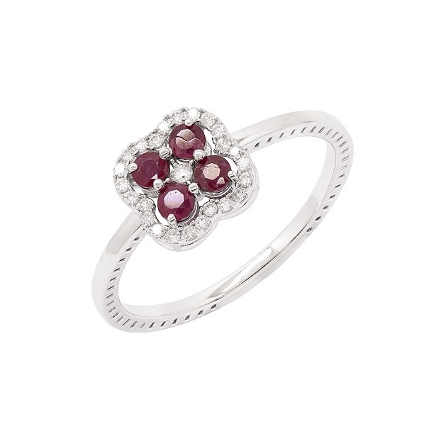 Anel em Ouro Branco 18k Flor com 4 Rubis 2.5mm de 0.34Cts e 25 Diamantes de 0.11Cts