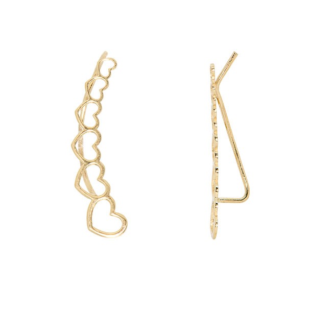 Brinco em Ouro 18k Ear Cuff Corações Vazados