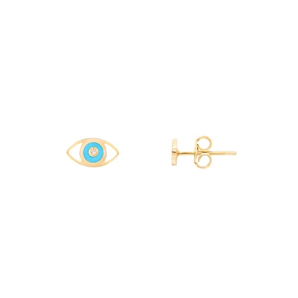 Brinco em Ouro 18k Olho Grego com Cerâmica Azul Claro e 2 Brilhantes