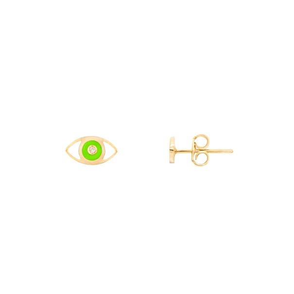 Brinco em Ouro 18k Olho Grego com Cerâmica Verde Neon e 2 Brilhantes