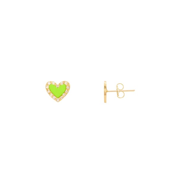 Brinco em Ouro 18k Coração com Cerâmica Verde Claro e 28 Brilhantes