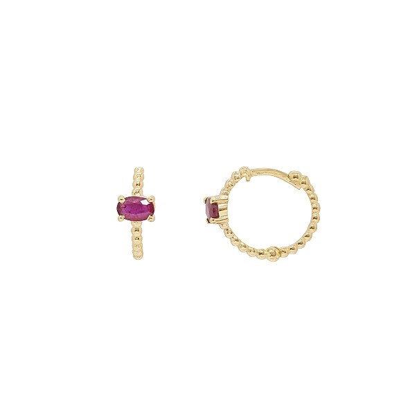 Brinco em Ouro 18k Argola Bolinhas Polidas com 2 Rubis Ovais 5x3mm	