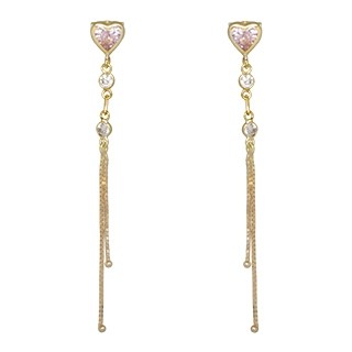 Brinco em Ouro 18k Coração com 2 Zircônias Rosas de 4mm e 4 Zircônias Brancas de 2mm, com Veneziana.