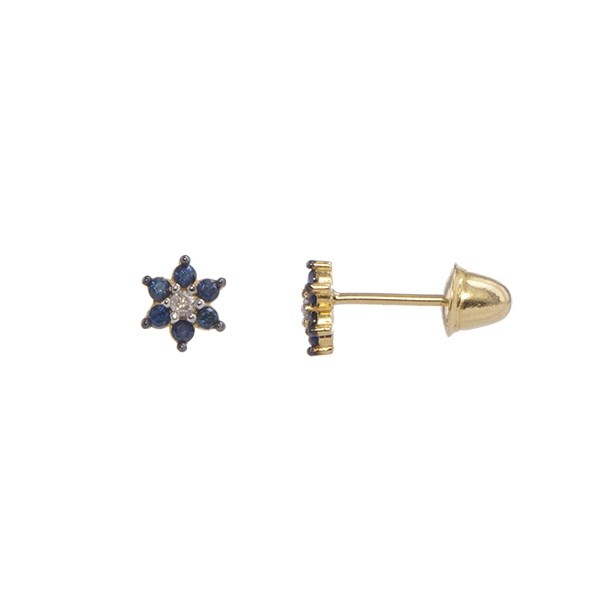 Brinco em Ouro 18k Florzinha com 12 Safiras 2 Brilhantes