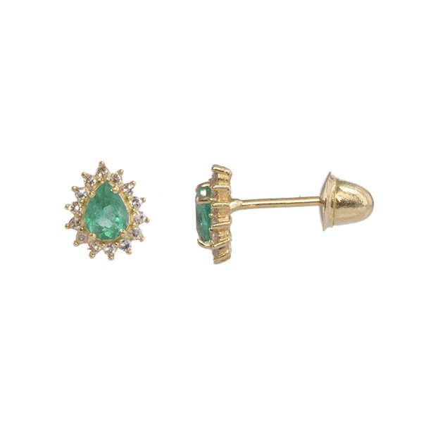 Brinco em Ouro 18k Gota Mini Esmeralda 3x4mm com 28 Brilhantes