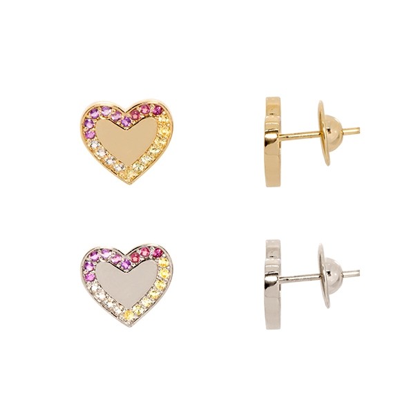 Brinco em Ouro 18k Coração Multi Stone com Pedras Naturais 