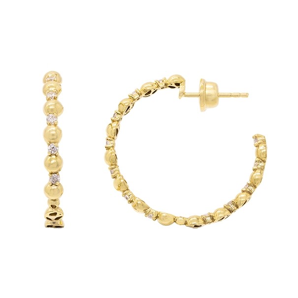 Brinco em Ouro 18k Argola Bolinhas Polidas com Brilhantes - P, M e G