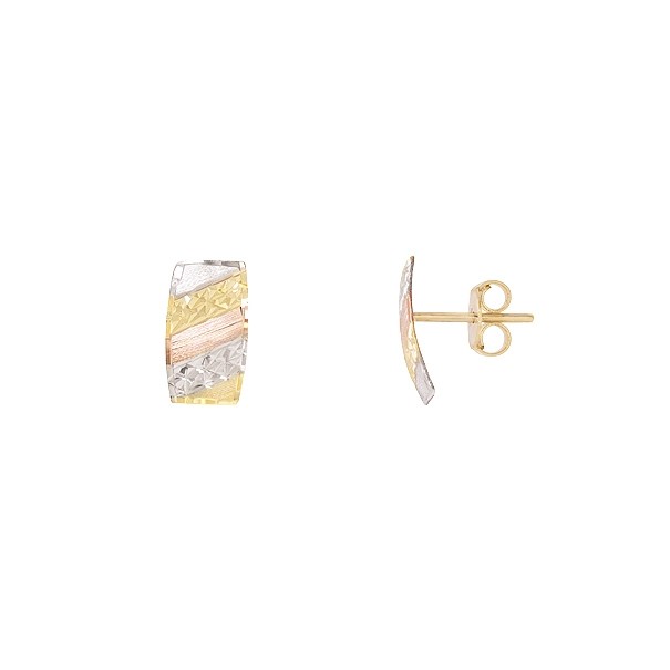 Brinco em Ouro 18k Chapa Faixas Trabalhada Tricolor Diamantado