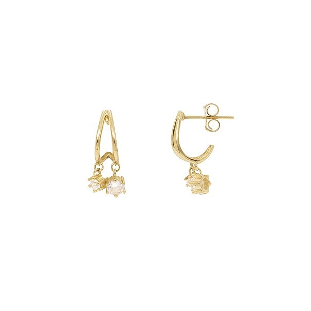 Brinco em Ouro 18k  Argola Fio Duplo Com Pingente Zirconias Brancas