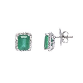 Brinco em Ouro Branco 18k Retangular com 2 Esmeraldas Baguete 6x8 2.80cts com 44 Diamentes 0.22cts