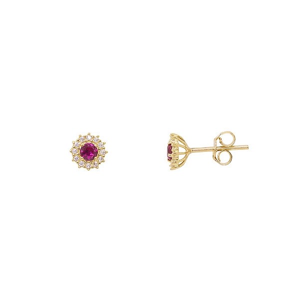 Brinco em Ouro 18k Chuveiro Redondo com Zirconias Vermelha/Brancas