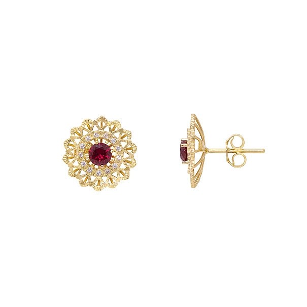 Brinco em Ouro 18k Flor com Zircônias Vermelha/Brancas