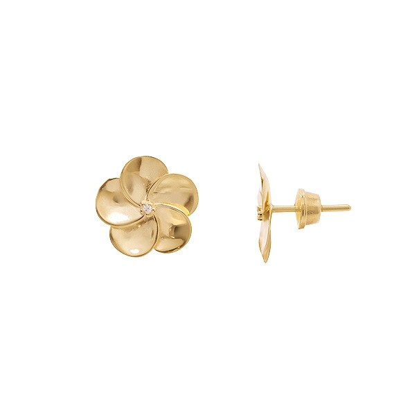 Brinco em Ouro 18k Flor Polida com 2 Brilhantes       