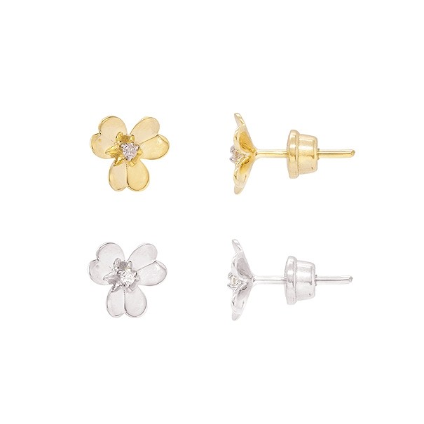 Brinco em Ouro 18k Florzinha Polida com 2 Brilhantes