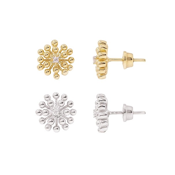 Brinco em Ouro 18k Flor Bolinhas Polidas com 2 Brilhantes