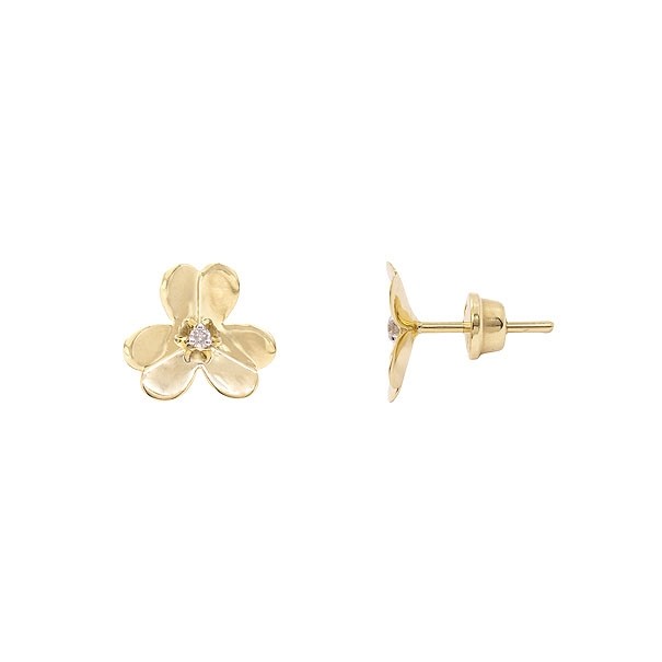 Brinco em Ouro 18k Flor Polida com 2 Brilhantes