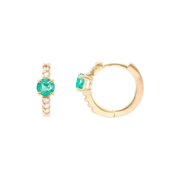 Brinco em Ouro 18k Argola com 10 Brilhantes e 2 Esmeraldas 3mm 