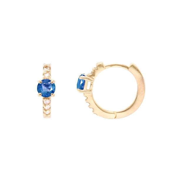Brinco em Ouro 18k Argola Com 2 Safiras 3mm Com 10 Brilhantes