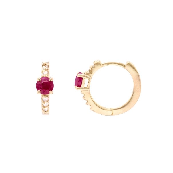 Brinco em Ouro 18k Argola Com 2 Rubis 3mm Com 10 Brilhantes