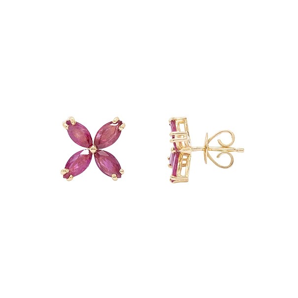 Brinco em Ouro 18k Flor Com 8 Rubis Navete 6x3 2.00cts