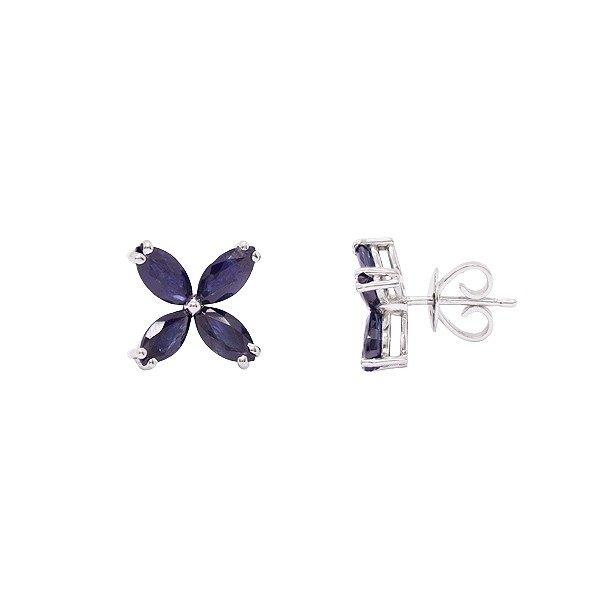 Brinco em Ouro Branco 18k Flor com 8 Safiras Navete 6x3 2.56 Cts