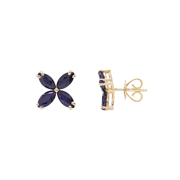 Brinco em Ouro 18k Flor com 8 Safiras Navete 6x3 2.56 Cts