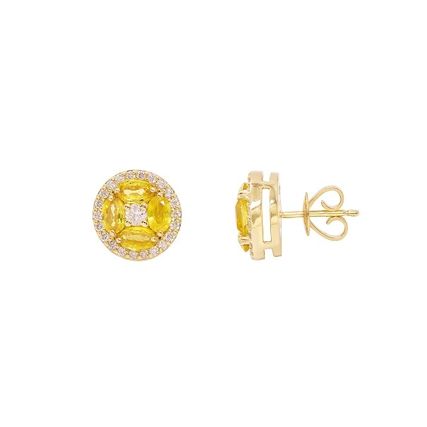 Brinco em Ouro 18k Redondo Com 8 Safiras Amarelas Ovais 5x3mm 2.37 Cts Com 46 Diamantes 0.62cts     