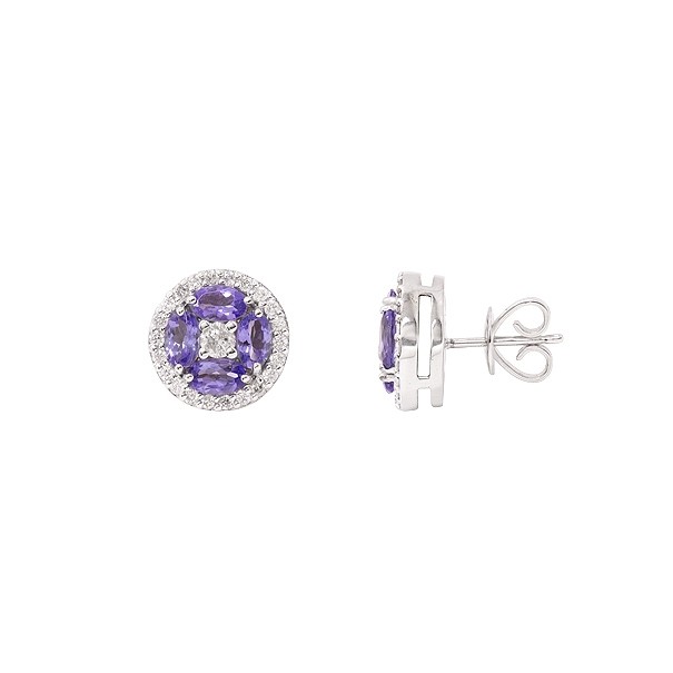 Brinco em Ouro Branco 18k Redondo com 8 Tanzanitas Ovais 5x3mm 1.76Cts com 46 Diamantes 0.62Cts