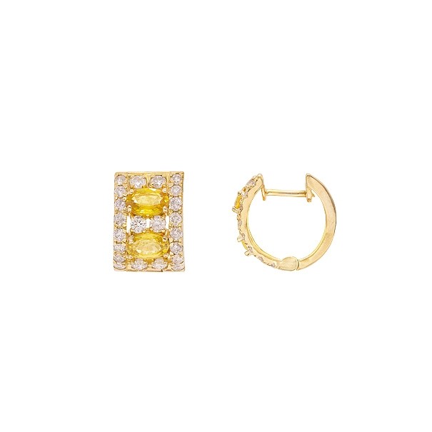 Brinco em Ouro 18k Argola Cravejada com 44 Brilhantes 0.84Cts com 4 Safiras Amarelas 5x3mm 1.16Cts    