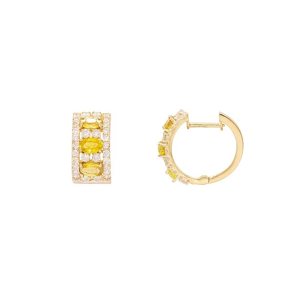 Brinco em Ouro 18k Argola Cravejada Com 60 Brilhantes 1.14cts Com 6 Safiras Amarelas 5x3mm 1.74cts