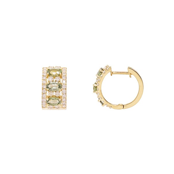 Brinco em Ouro 18k Argola Cravejada com 60 Brilhantes 1.14cts com 6 Safiras Verdes 5x3mm 2.04cts