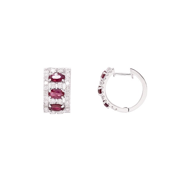 Brinco em Ouro 18k Branco Argola Cravejada Com 60 Brilhantes 1.14cts Com 6 Rubis 5x3mm 1.50cts