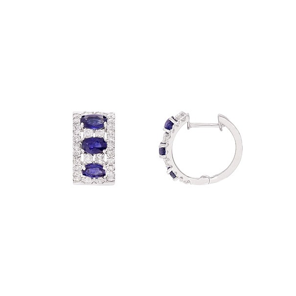 Brinco Em Ouro 18k Branco Argola Cravejada Com 60 Brilhantes 1.14cts Com 6 Safiras 5x3mm 2.10cts