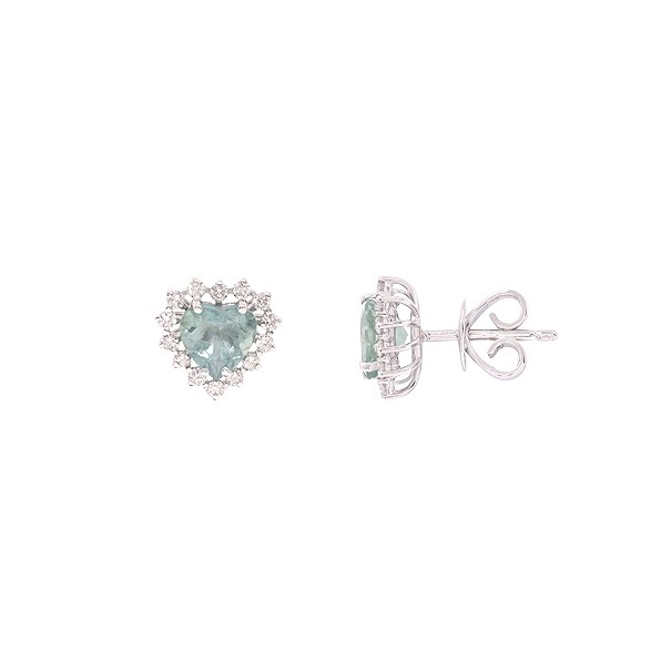 Brinco em Ouro 18k Branco Coração Com 2 Esmeraldas 6mm 1.36cts com 28 Diamantes 0.40cts