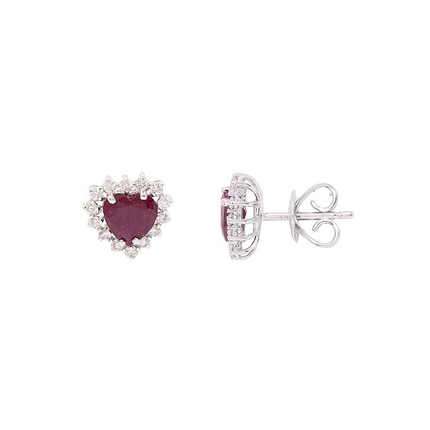 Brinco em Ouro 18k Branco Coração com 2 Rubis 6mm 1.70cts com 28 Diamantes 0.40cts