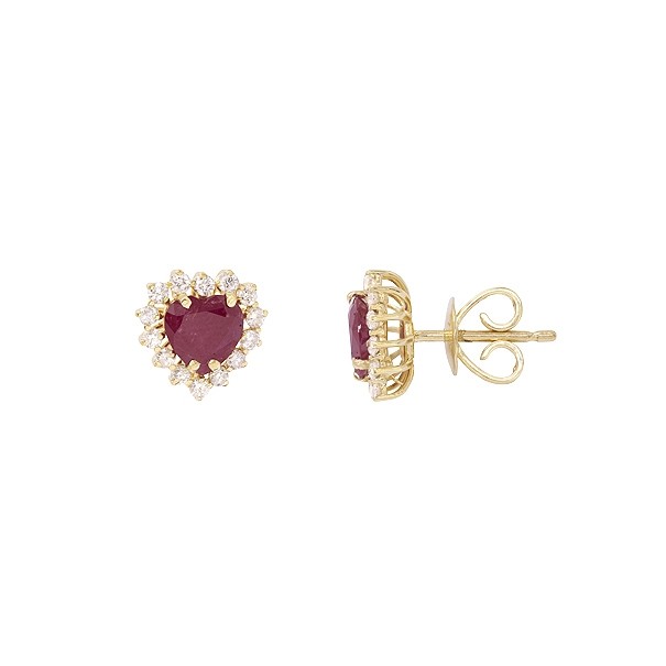 Brinco em Ouro 18k Coração Com 2 Rubis 6mm 1.70cts Com 28 Diamantes  0.40cts