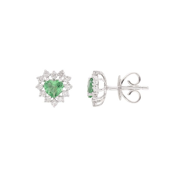 Brinco em Ouro Branco 18k Coração com 2 Esmeraldas 4.50mm 0.64Cts com 24 Diamantes 0.37Cts