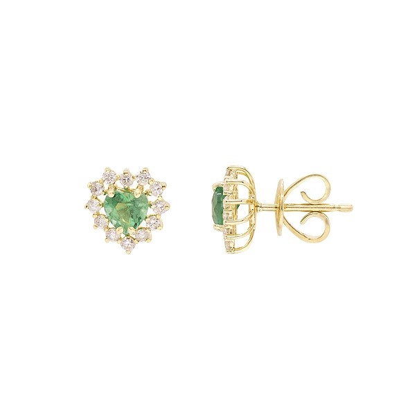 Brinco em Ouro 18k Coração com 2 Esmeraldas 4.50mm 0.64cts com 24 Diamantes 0.37cts