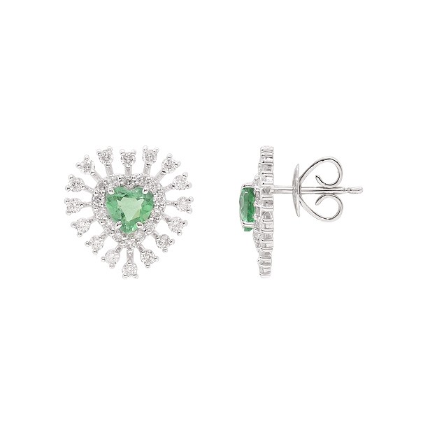 Brinco em Ouro 18k Branco Coração com 2 Esmeraldas 5mm 0.76cts com 60 Diamantes 0.87cts