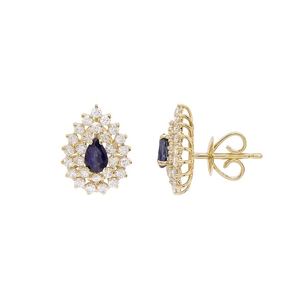 Brinco em Ouro 18k Gota com 2 Safiras 5x3mm 0.52cts com 54 Diamantes 0.80cts