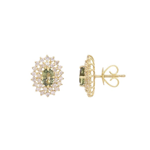Brinco em Ouro 18k Chuveiro Oval Com 2 Safiras Verdes 6x4mm 1.24cts Com 62 Diamantes  0.89cts